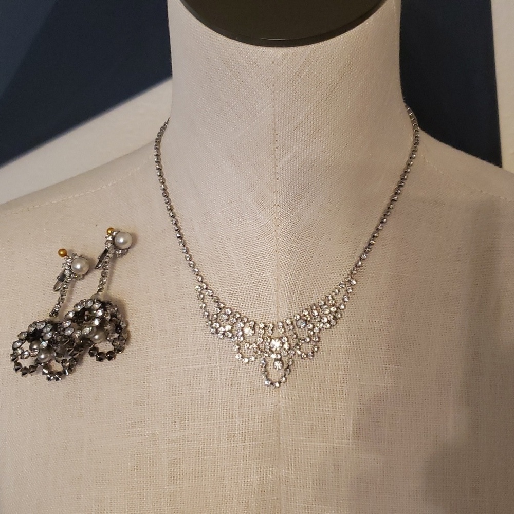 Vintage rhinestone necklace and clip back pearl and rhinestone earrings